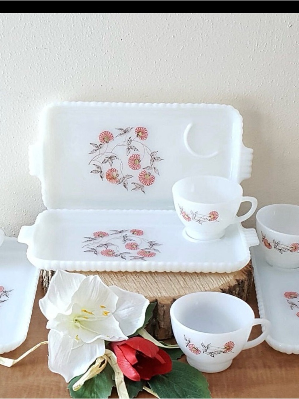 Anchor Hocking White Milk Glass Tray and Cup Set with Pink Floral Decals